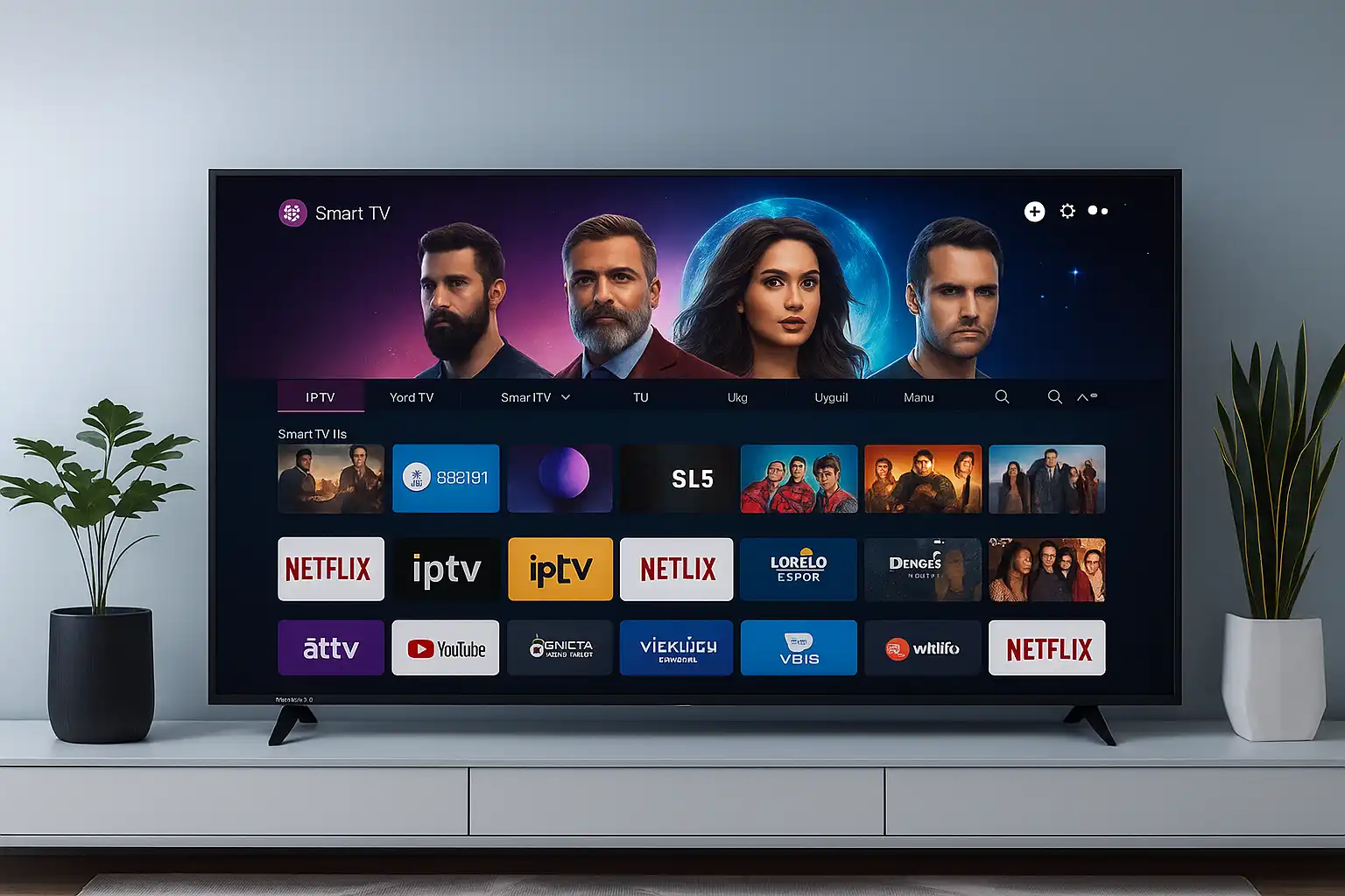 Smart TV home screen with best IPTV app and channel lineup