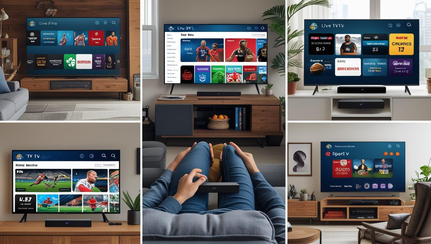 User streaming live TV and movies using Firestick streaming device on a modern TV