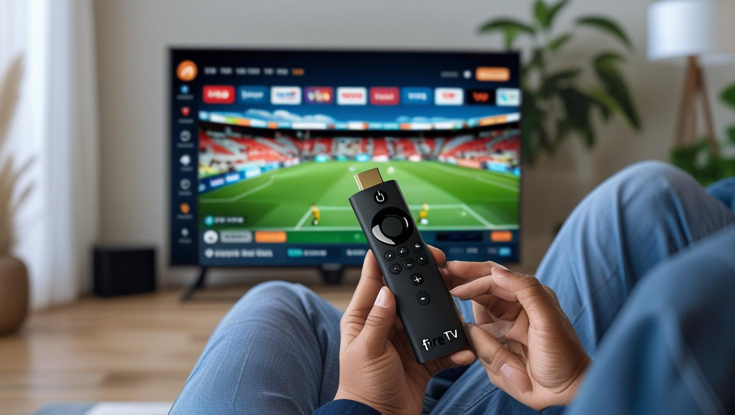 Compact streaming TV stick plugged into a television, enabling easy access to digital media apps.